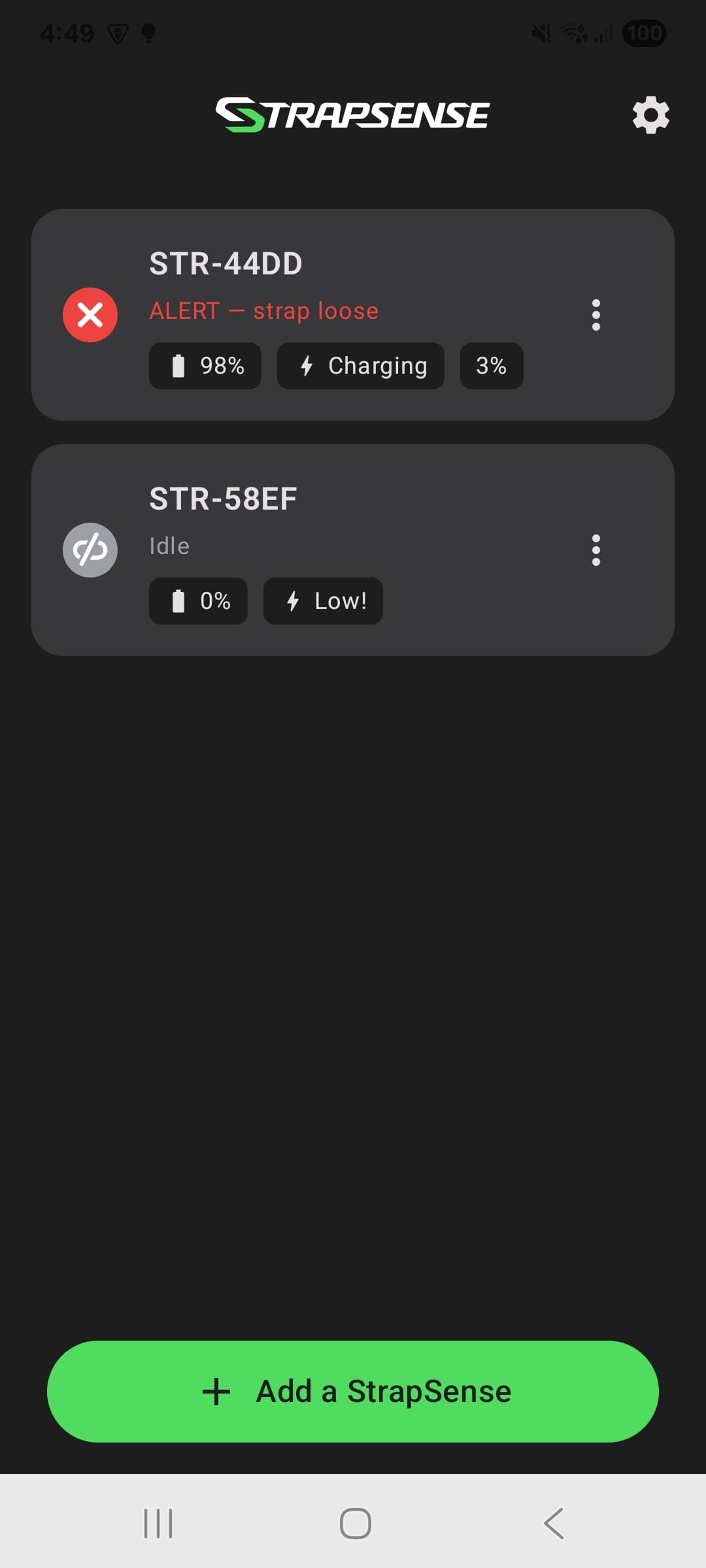 Strapsense companion app device list with live tension alert