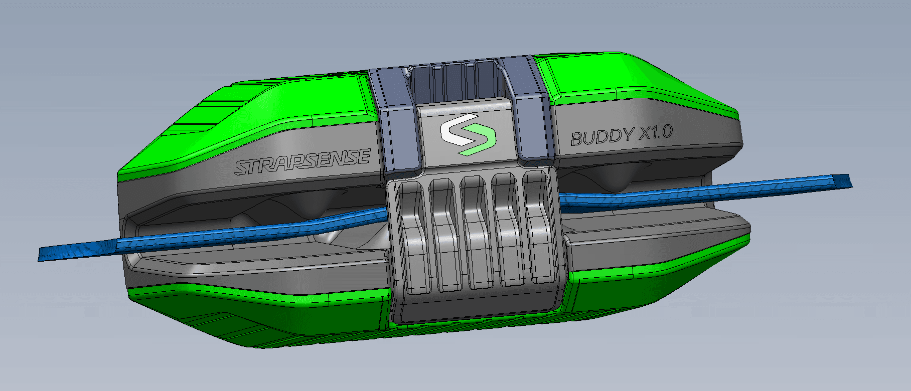 Strapsense Buddy X1.0 prototype device on a cargo strap
